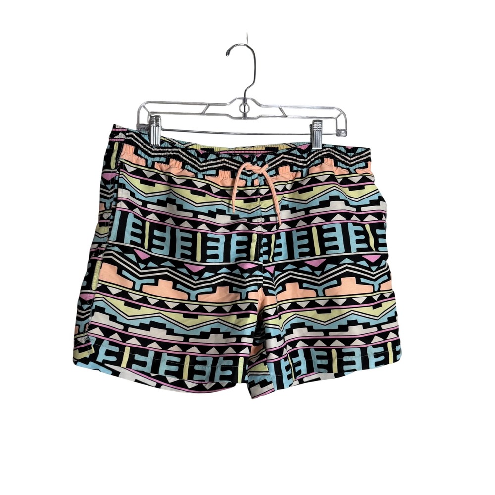 Mens Geometric‎ Tribal Print Swim Trunks Retro 80s 90s Multicolor Board Shorts L